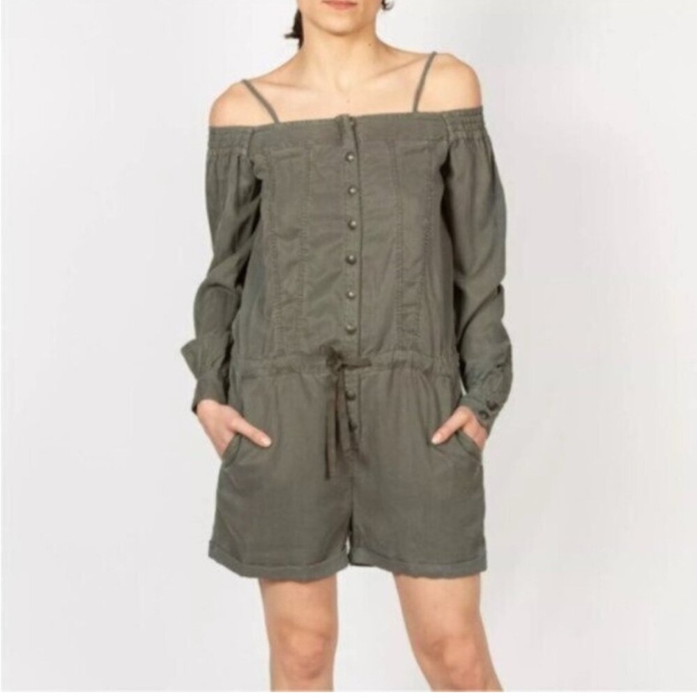 NWOT The Kooples Womenโs Lyocel Jumpsuit Bare Cold Shoulders Green Romper Size 2